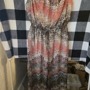 Printed Strapless Summer Jumpsuit in Coral and Brown